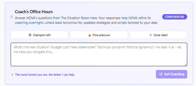 NOVA's Coach's Office Hours — answer its questions and it re-coaches the deal